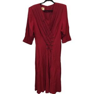 Nina Piccalino Maxi‎ Dress Red Womens Size 10 Tie Back 3/4 Sleeve Pleated V Neck